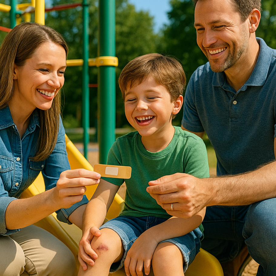 Glückliche Familie im Spielplatz, trotz Unfalls, da sie richtig abgesichert sind